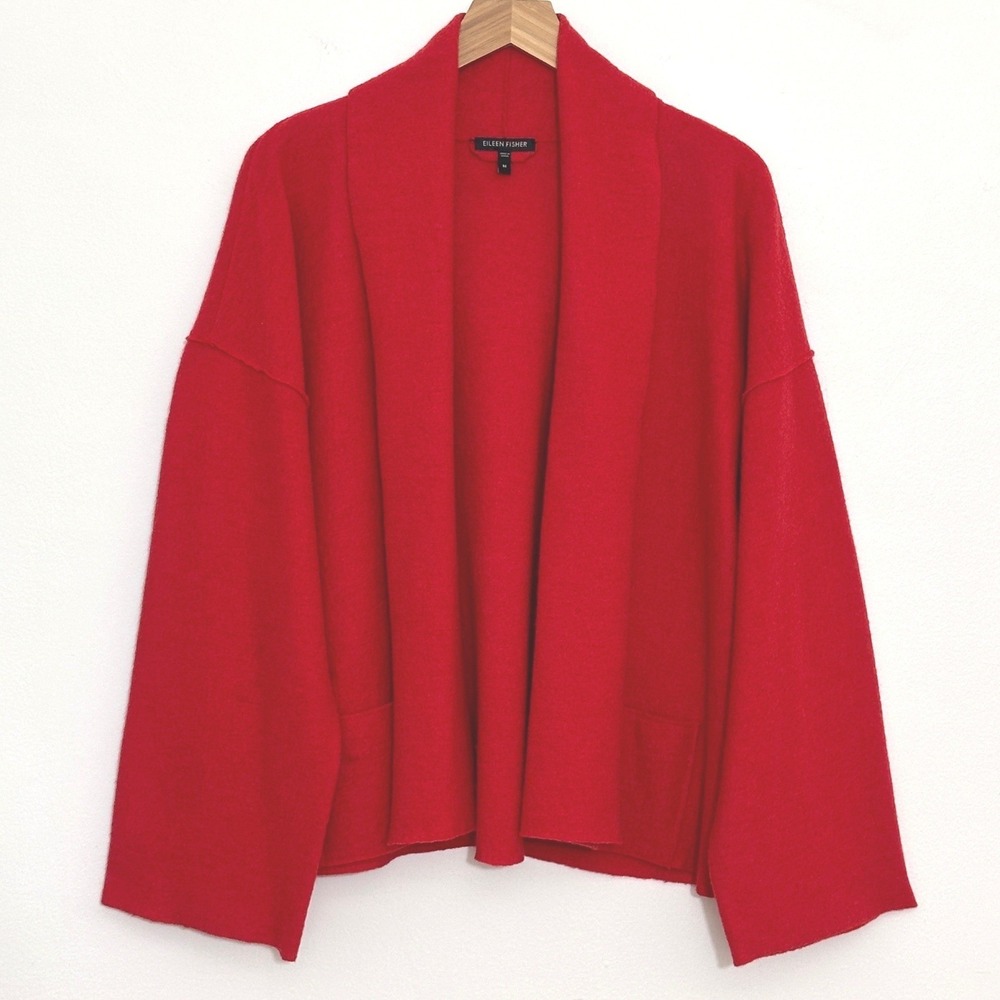 Eileen Fisher Womens Sweater M Red Merino Boiled Wool Open Shawl Cardigan Lux